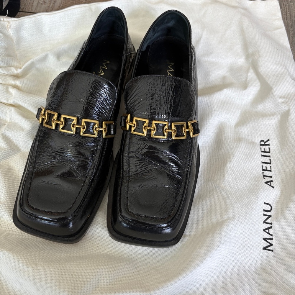 Manu Atelier Black Loafers with Gold Chain